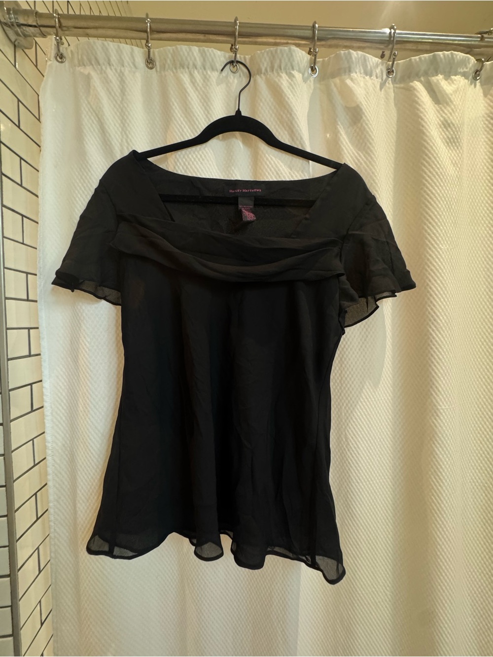 Black Sheer Flutter-Sleeve Blouse with Square Neckline
